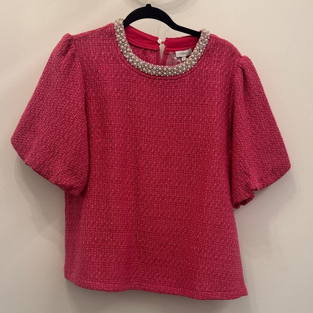 Embellished Collar Pink Tweed Blouse - VOY